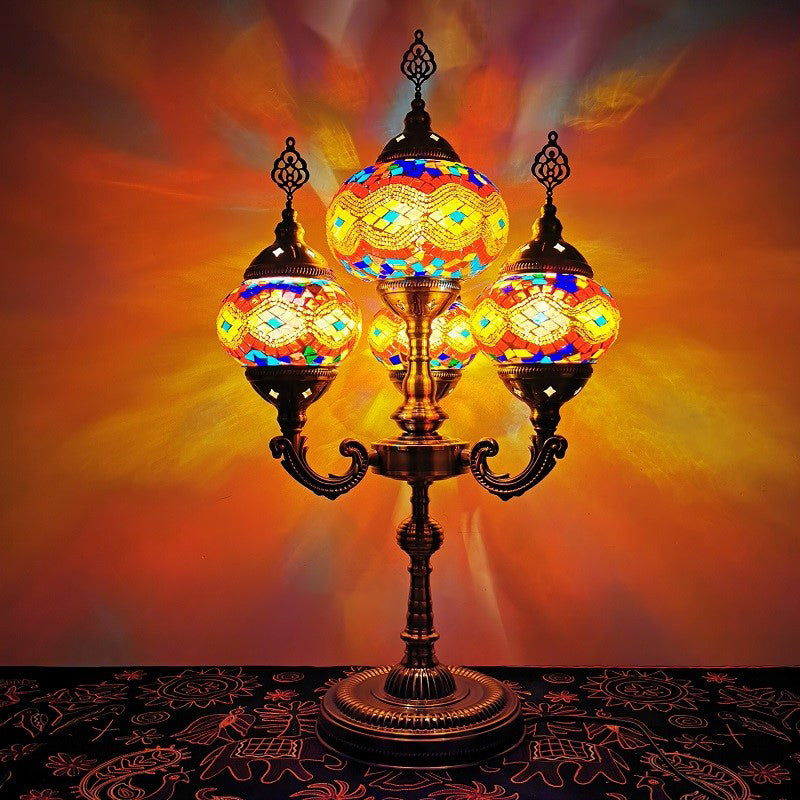 Stained Glass Candelabra Task Lamp Traditional 4 Lights Bedside Nightstand Lamp in Yellow/Orange/Blue