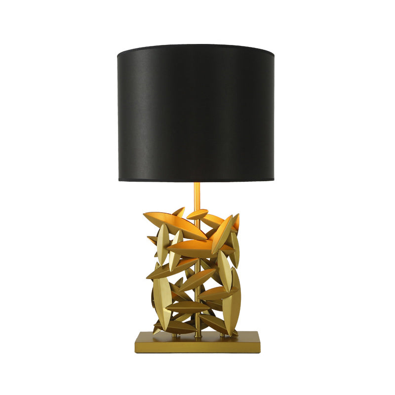 Black Barrel Table Light Modern 1 Head Fabric Desk Lamp with Gold Rectangular Metal Base