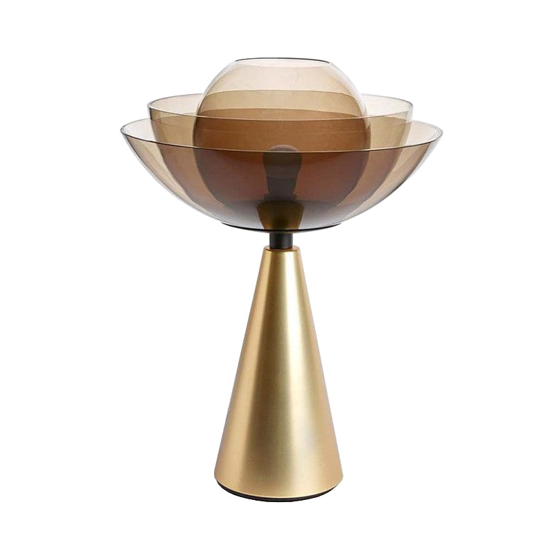 Tan Glass Dome Table Light Modern 1 Bulb Nightstand Lamp with Conical Gold Metal Base