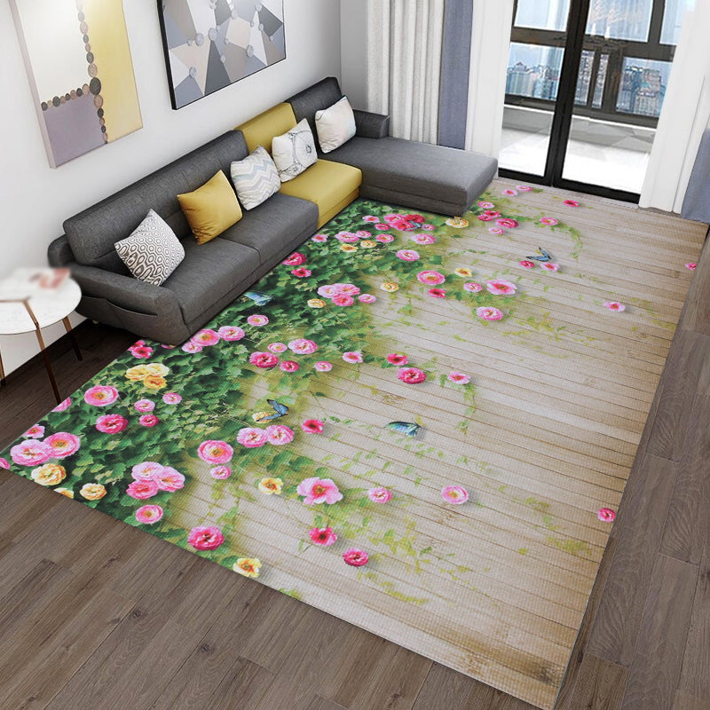 Modern Living Room Area Carpet Plant Pattern Polyester Area Rug Anti-Slip Washable Rug