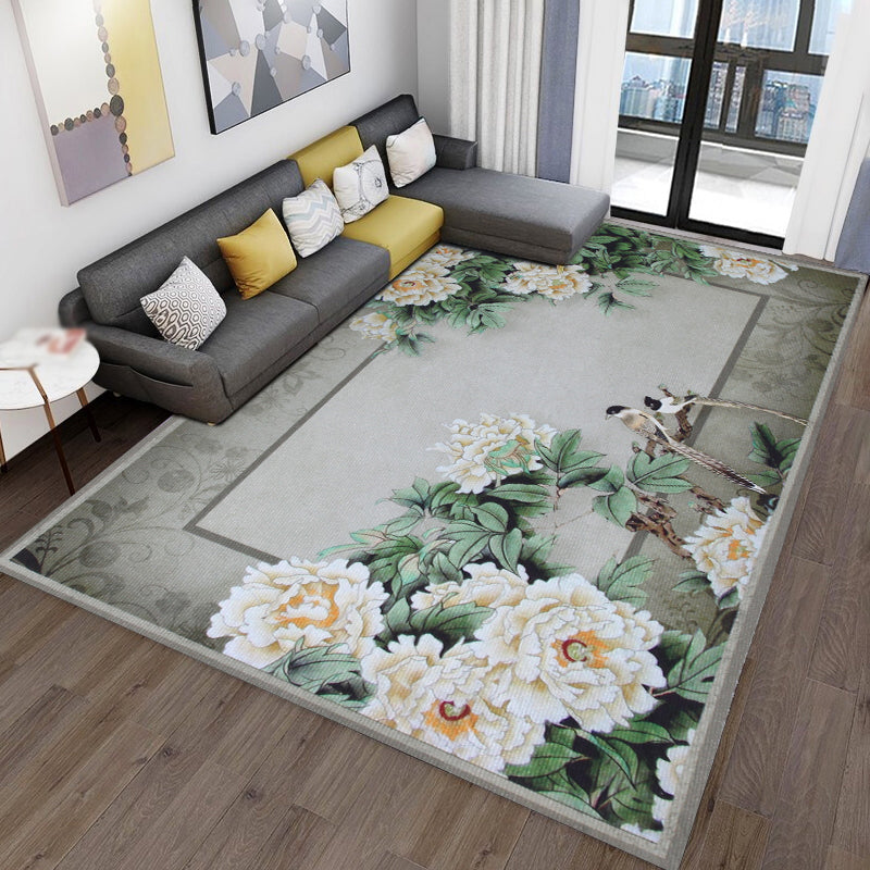 Modern Living Room Area Carpet Plant Pattern Polyester Area Rug Anti-Slip Washable Rug