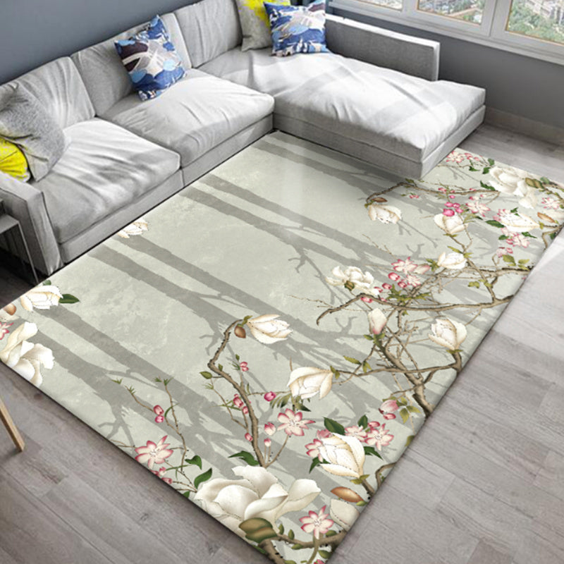 Modern Living Room Area Carpet Plant Pattern Polyester Area Rug Anti-Slip Backing Rug
