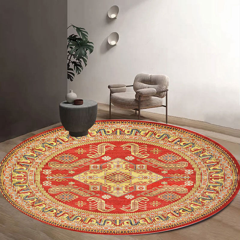 Antique Round Carpet Retro Floral Print Indoor Rug Polyester Non-Slip Backing Carpet for Living Room
