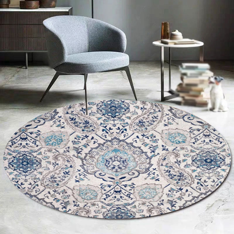 Antique Round Carpet Retro Floral Print Indoor Rug Polyester Non-Slip Backing Carpet for Living Room