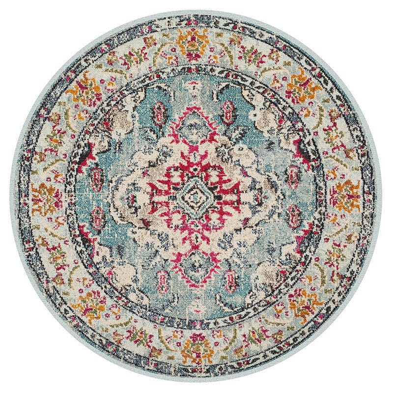 Antique Round Carpet Retro Floral Print Indoor Rug Polyester Non-Slip Backing Carpet for Living Room