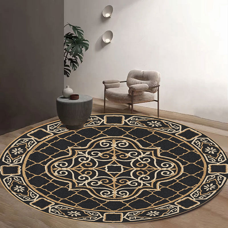 Antique Round Carpet Retro Floral Print Indoor Rug Polyester Non-Slip Backing Carpet for Living Room