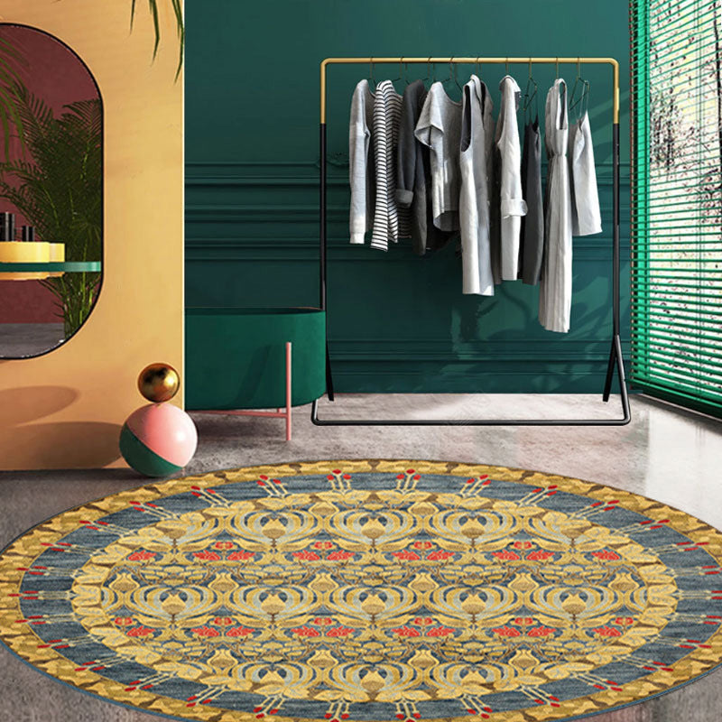 Antique Round Carpet Retro Floral Print Indoor Rug Polyester Non-Slip Backing Carpet for Living Room
