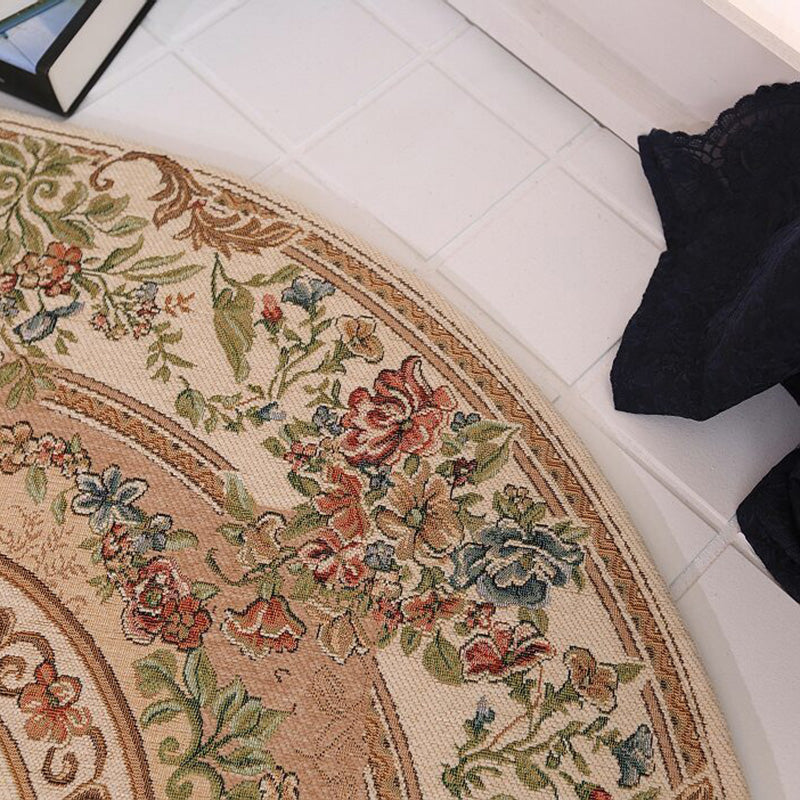 Beige European Area Rug Floral Pattern Polyester Area Carpet Easy Care Rug for Living Room