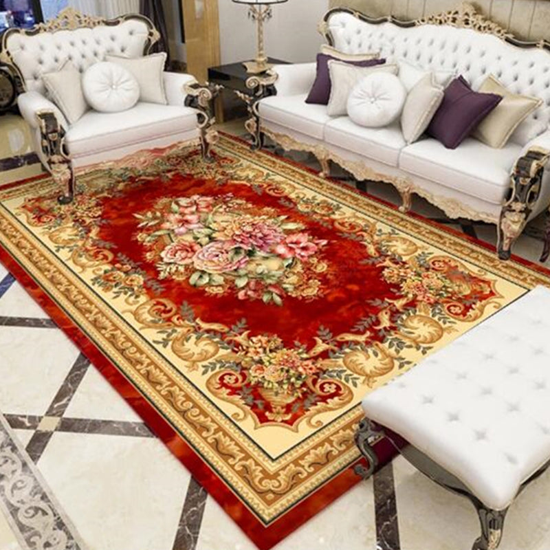 Red Modern Area Rug Traditional Pattern Polyester Area Carpet Anti-Slip Rug for Home Decor