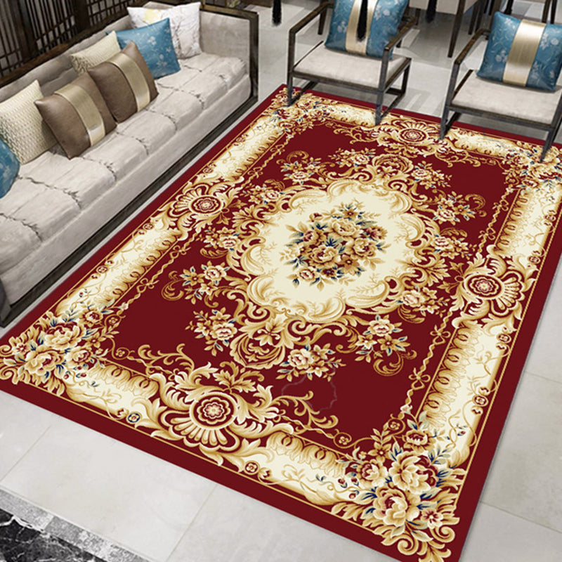 Red Modern Area Rug Traditional Pattern Polyester Area Carpet Anti-Slip Rug for Home Decor