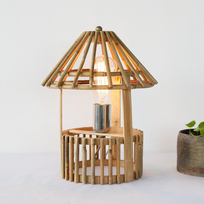1 cabezal de la sala de estar iluminación lámpara de escritorio beige asiático con sombra de madera artesanal