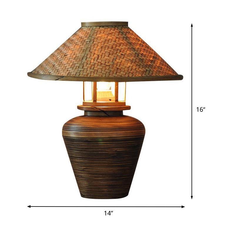 Lampe à lampe de bureau d'urne asiatique 1 Éclairage de tâche à la tête en marron avec une teinte en bambou effilée