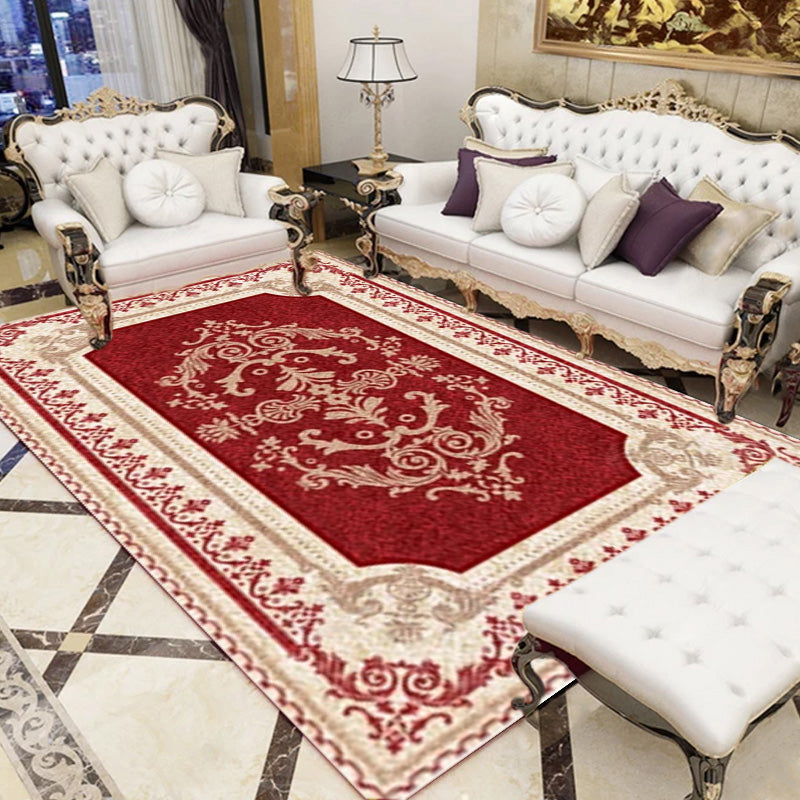 Red Modern Area Carpet Flower Pattern Polyester Area Rug Anti-Slip Backing Rug for Home Decor