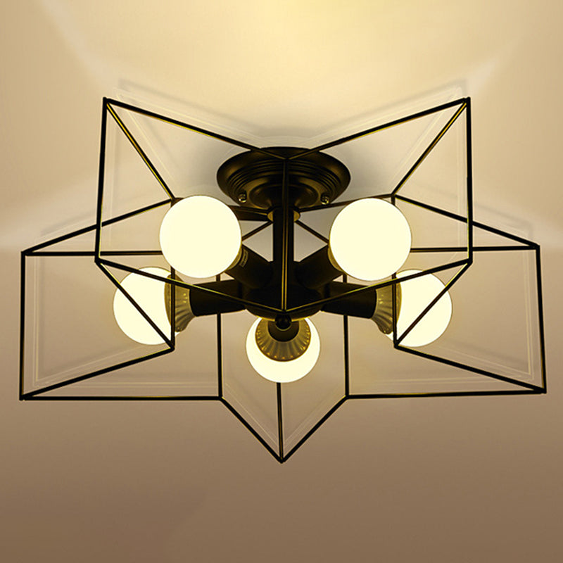 Plafoniera a stella con struttura in ferro in ferro stile retrò industriale, montaggio a semi-incasso a 5 luci