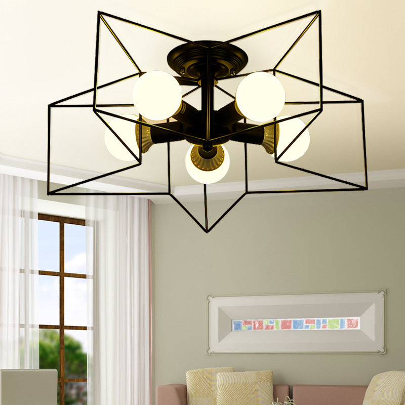 Plafoniera a stella con struttura in ferro in ferro stile retrò industriale, montaggio a semi-incasso a 5 luci