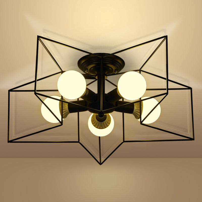 Plafoniera a stella con struttura in ferro in ferro stile retrò industriale, montaggio a semi-incasso a 5 luci