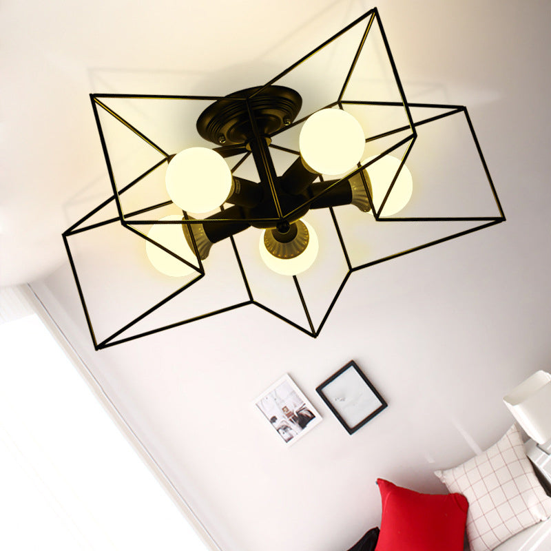 Plafoniera a stella con struttura in ferro in ferro stile retrò industriale, montaggio a semi-incasso a 5 luci