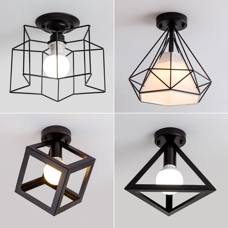 Geometric Pendant Light Industrial 1 Light Metal Flush Mount Light Fixture in Black