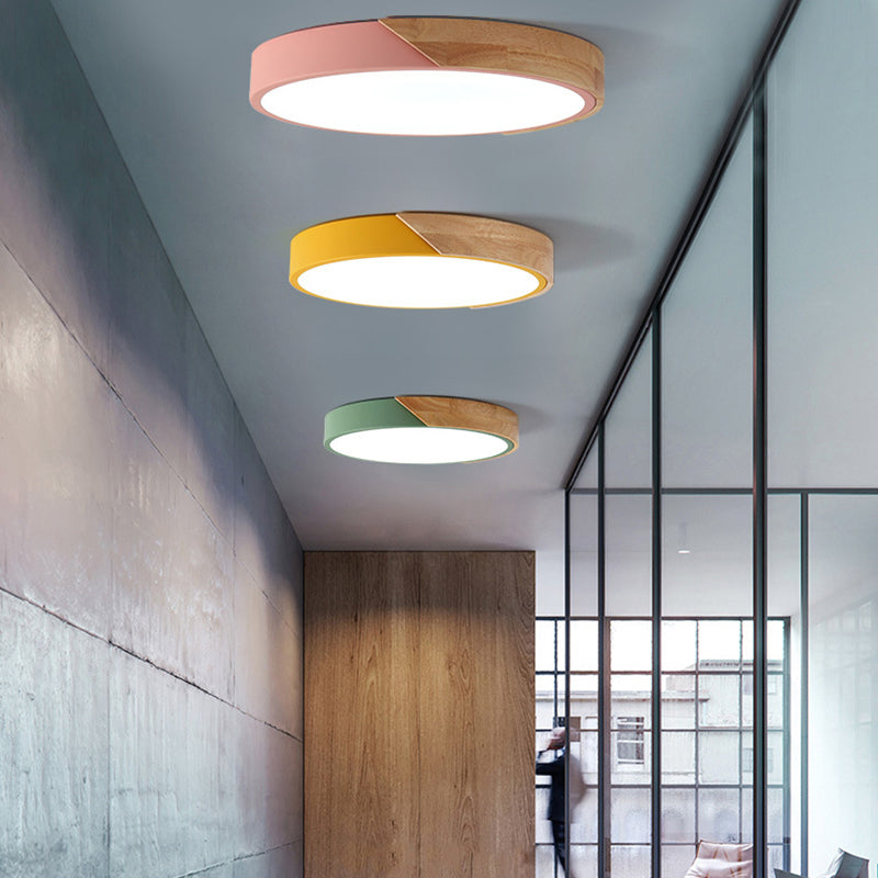 Minimalist Indoor Ceiling Light Fixture, Macaroon Flat Metal and Wood Ceiling Flush Mount Lights