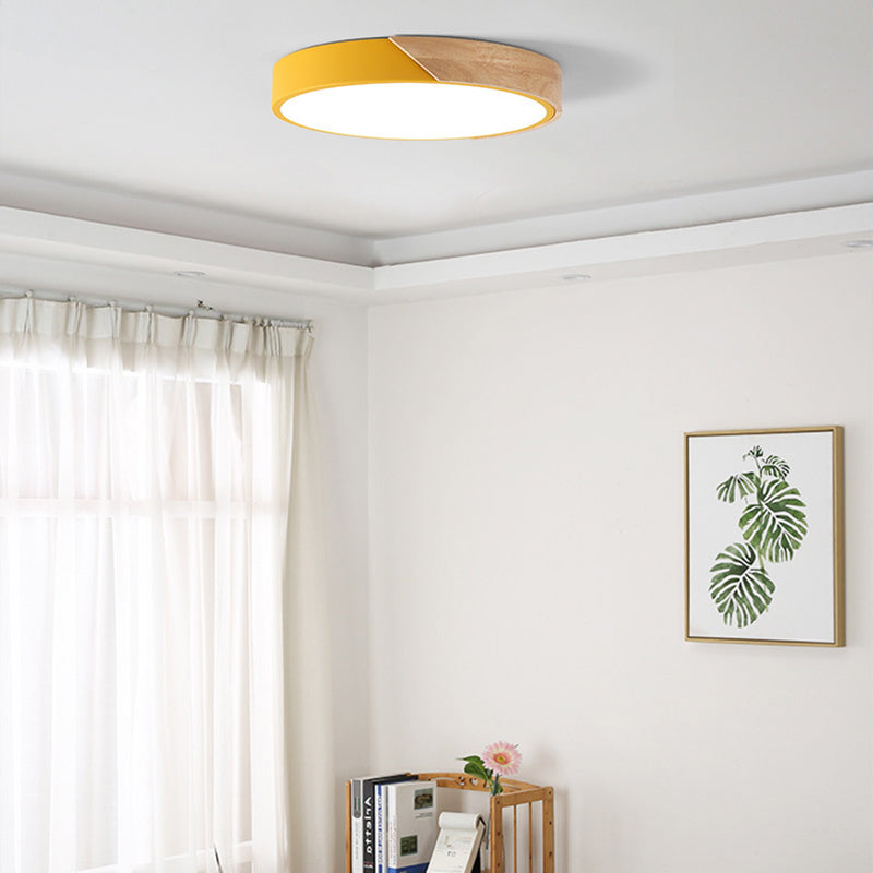 Minimalist Indoor Ceiling Light Fixture, Macaroon Flat Metal and Wood Ceiling Flush Mount Lights