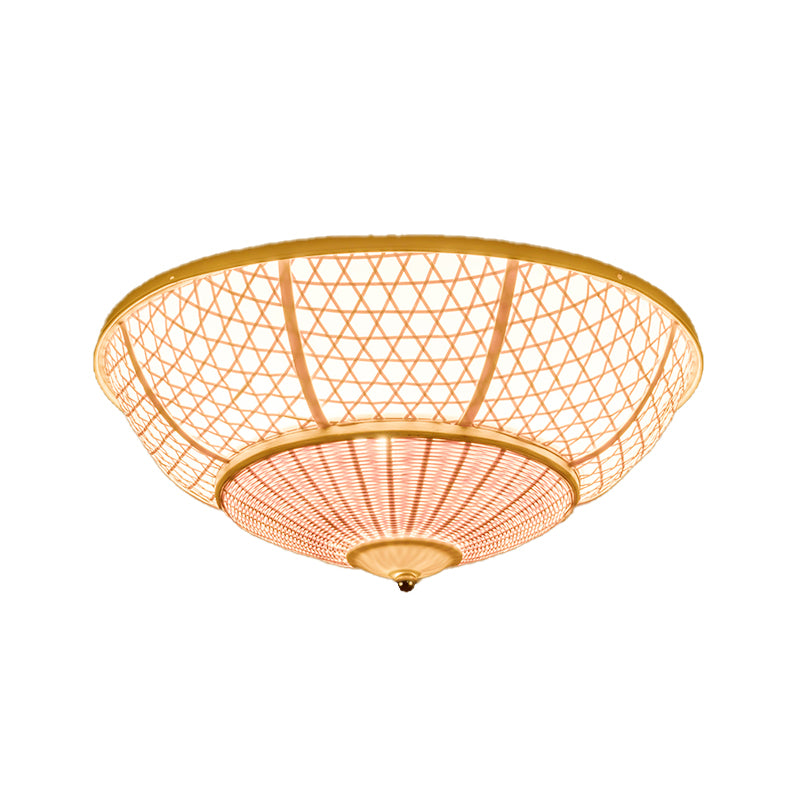 Cupola Bamboo Flush Light Chinese 3 Bulbs Beige Massimale Montato Fissaggio per Living Room