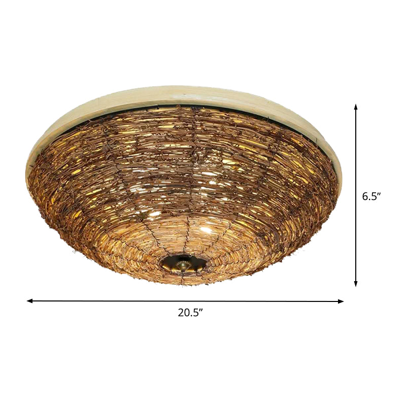 3 Bulbs Dining Room Flush Mount Asian Brown Ceiling Mounted Light with Bowl Rattan Shade