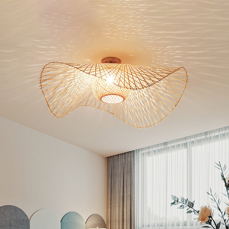 Montage semi-encastré japonais en bambou travaillé à la main, 1 ampoule, éclairage proche du plafond, beige
