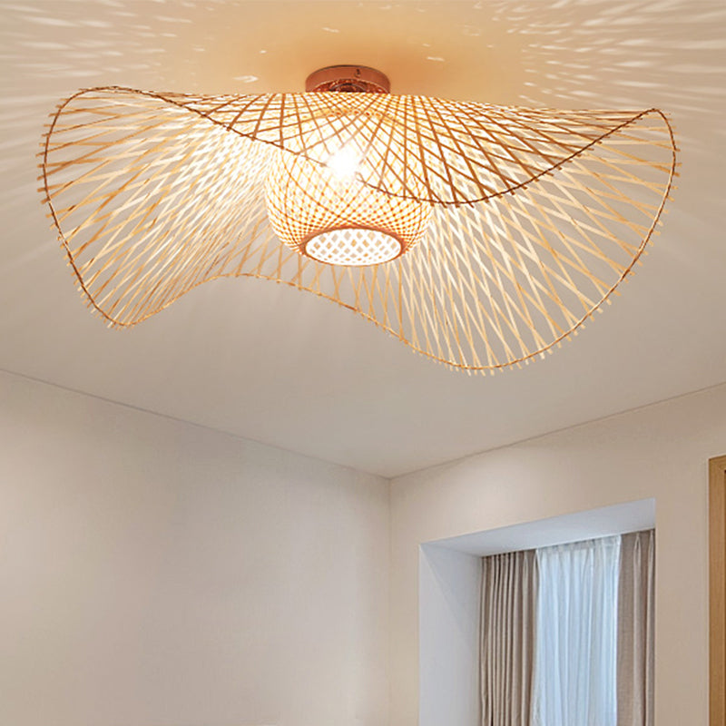 Montage semi-encastré japonais en bambou travaillé à la main, 1 ampoule, éclairage proche du plafond, beige