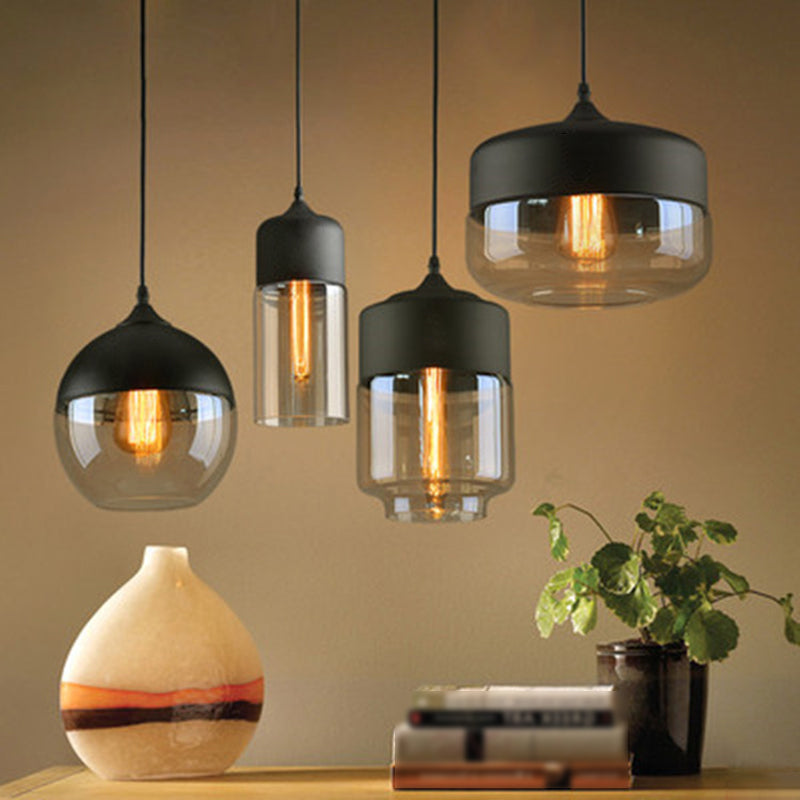 Lampada a sospensione in vetro trasparente a 1 luce, luce sospesa industriale contemporanea con top metallico