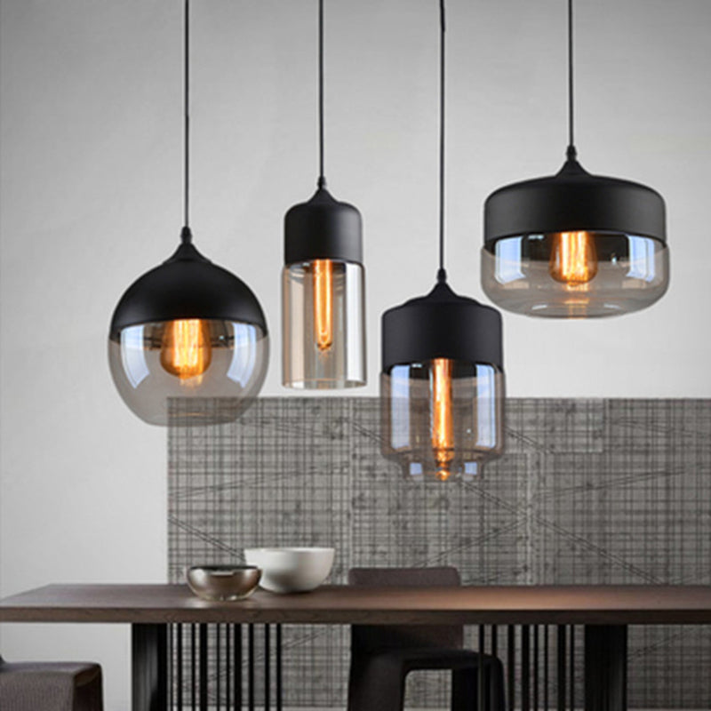 Lampada a sospensione in vetro trasparente a 1 luce, luce sospesa industriale contemporanea con top metallico