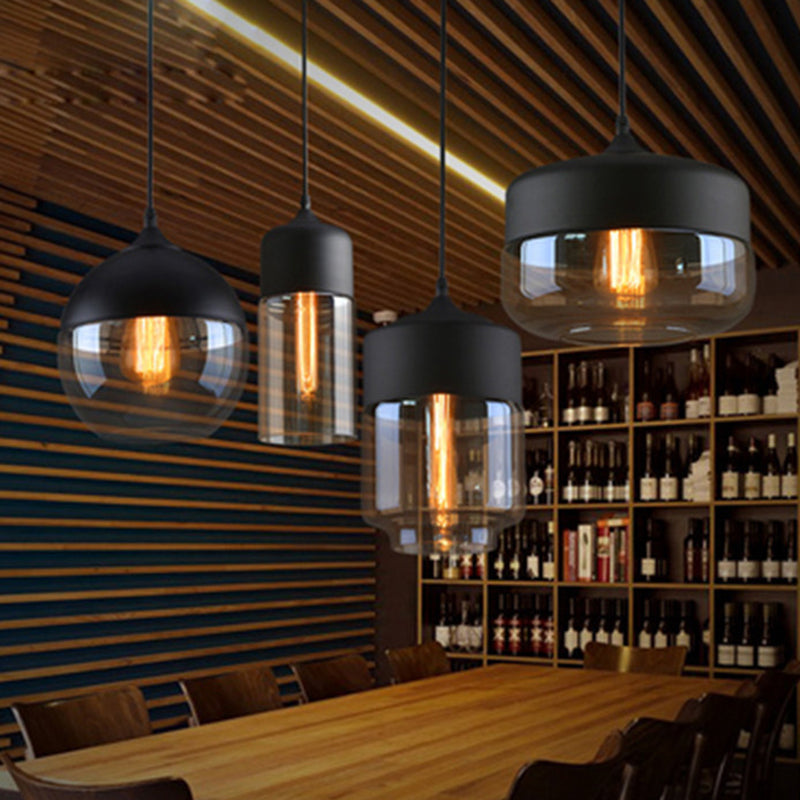 Lampada a sospensione in vetro trasparente a 1 luce, luce sospesa industriale contemporanea con top metallico