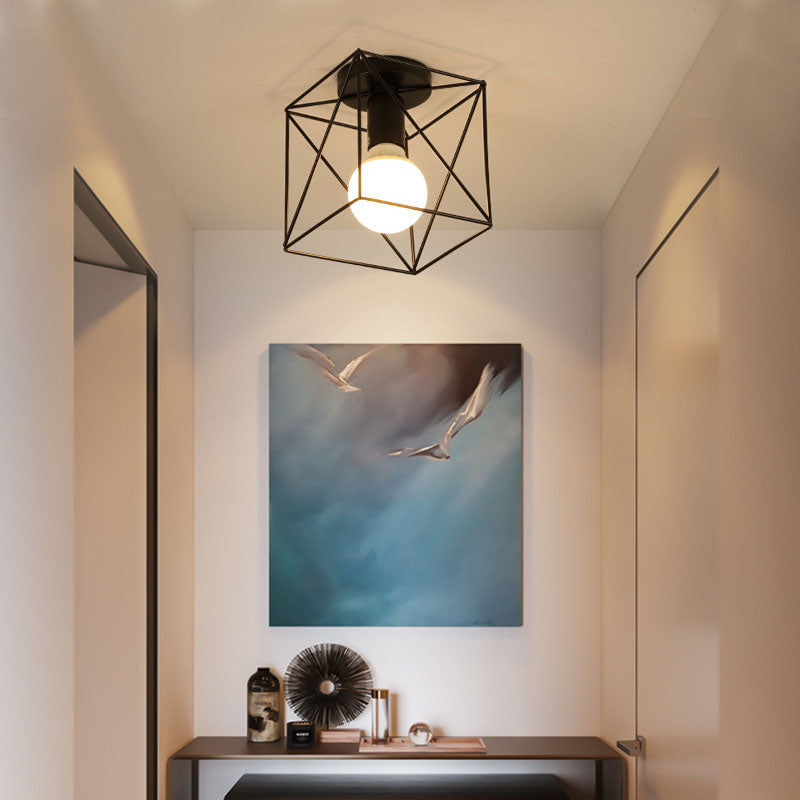 Geometric Light Industrial 1 Light Metal Flush Mount Light Fixture in Black