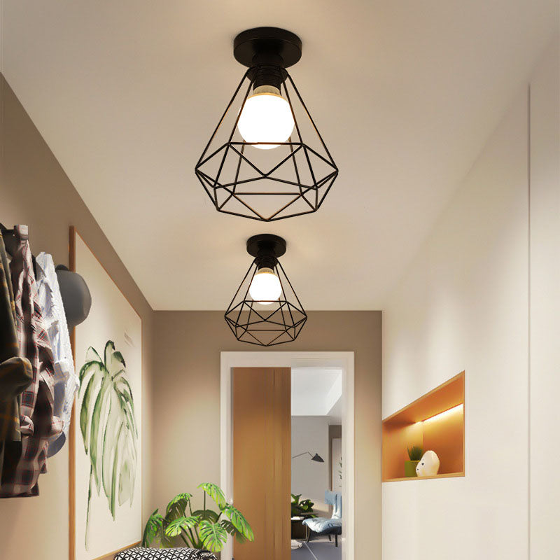 Geometric Light Industrial 1 Light Metal Flush Mount Light Fixture in Black