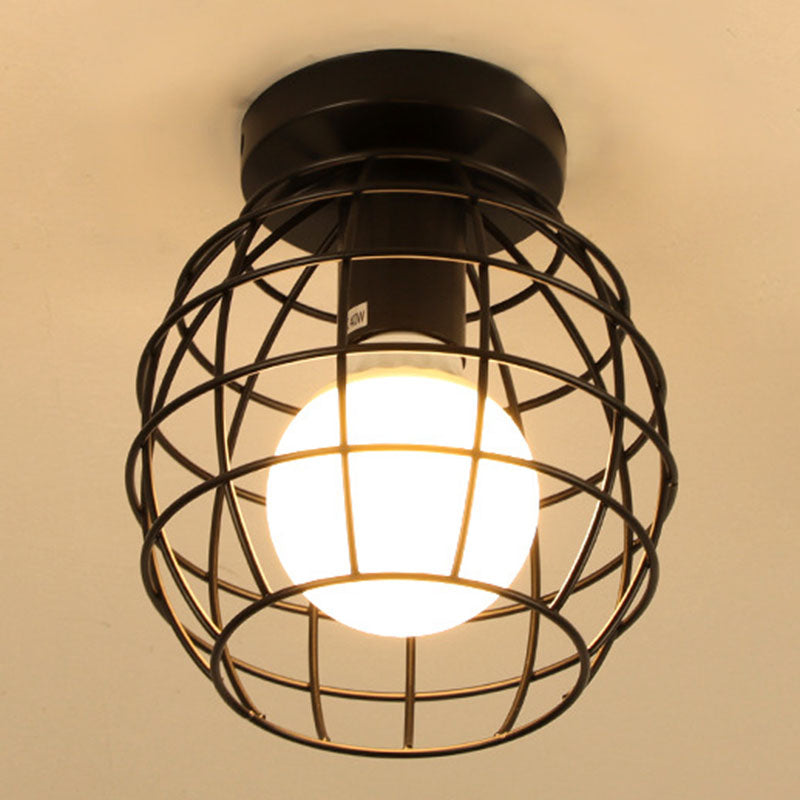 Geometric Light Industrial 1 Light Metal Flush Mount Light Fixture in Black