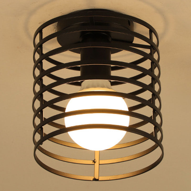 Geometric Light Industrial 1 Light Metal Flush Mount Light Fixture in Black
