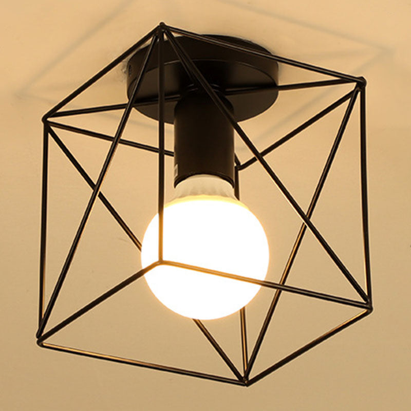 Geometric Light Industrial 1 Light Metal Flush Mount Light Fixture in Black