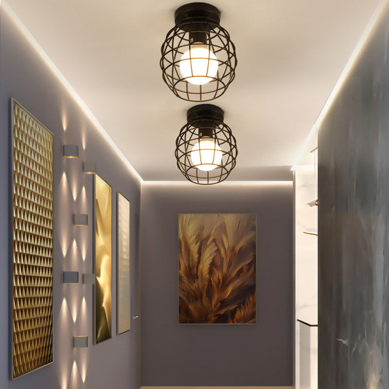 Geometric Light Industrial 1 Light Metal Flush Mount Light Fixture in Black