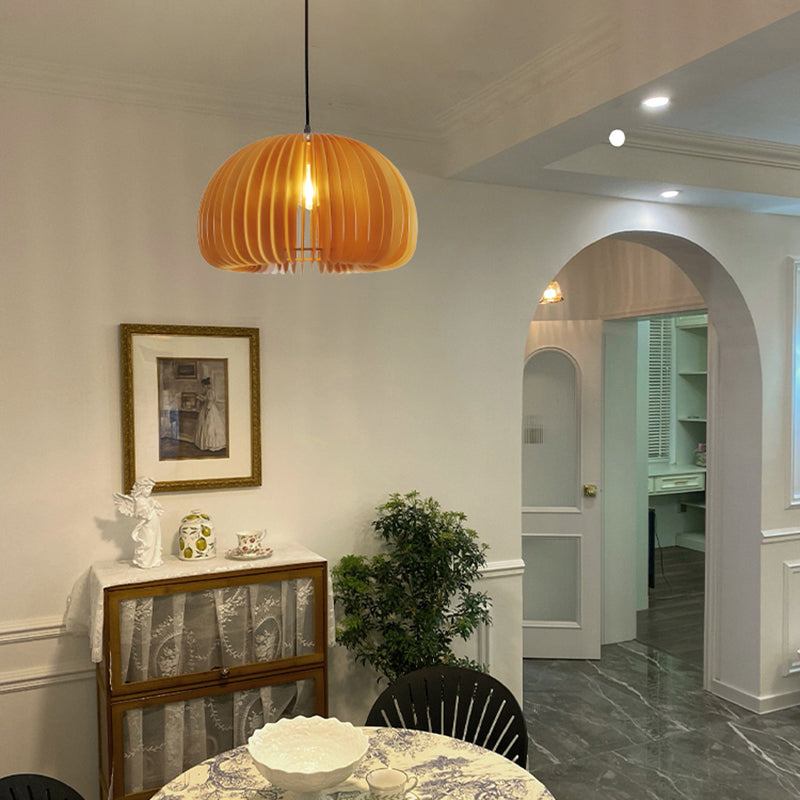 Japanese Style Pumpkin Hanging Light Wood Single-bulb Pendant for Dinning Room