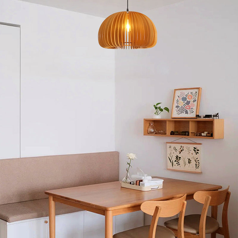 Japanese Style Pumpkin Hanging Light Wood Single-bulb Pendant for Dinning Room