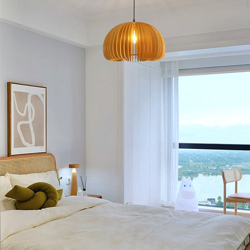 Japanese Style Pumpkin Hanging Light Wood Single-bulb Pendant for Dinning Room