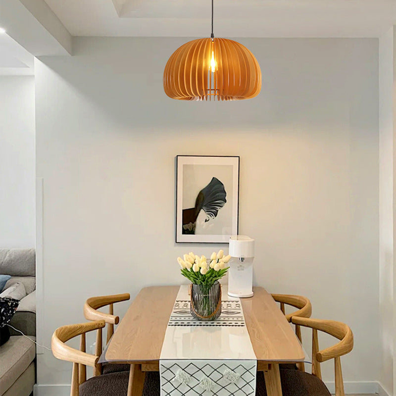 Japanese Style Pumpkin Hanging Light Wood Single-bulb Pendant for Dinning Room
