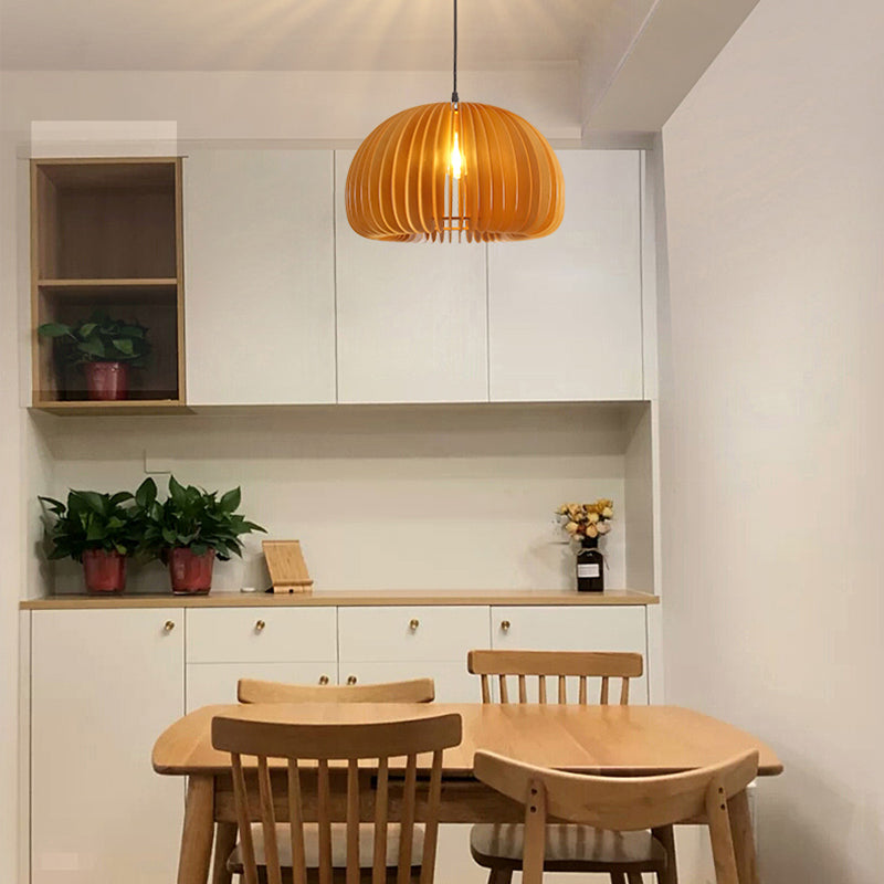 Japanese Style Pumpkin Hanging Light Wood Single-bulb Pendant for Dinning Room