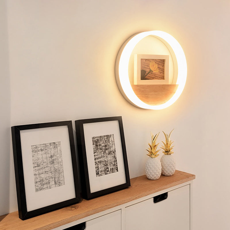 Iluminación en forma de acrílico O iluminación minimalista Luz de pared LED con estante de madera