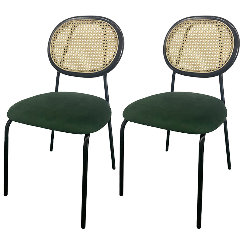 Silla lateral tapizada sin brazos de comedor con parte trasera abierta con patas de metal