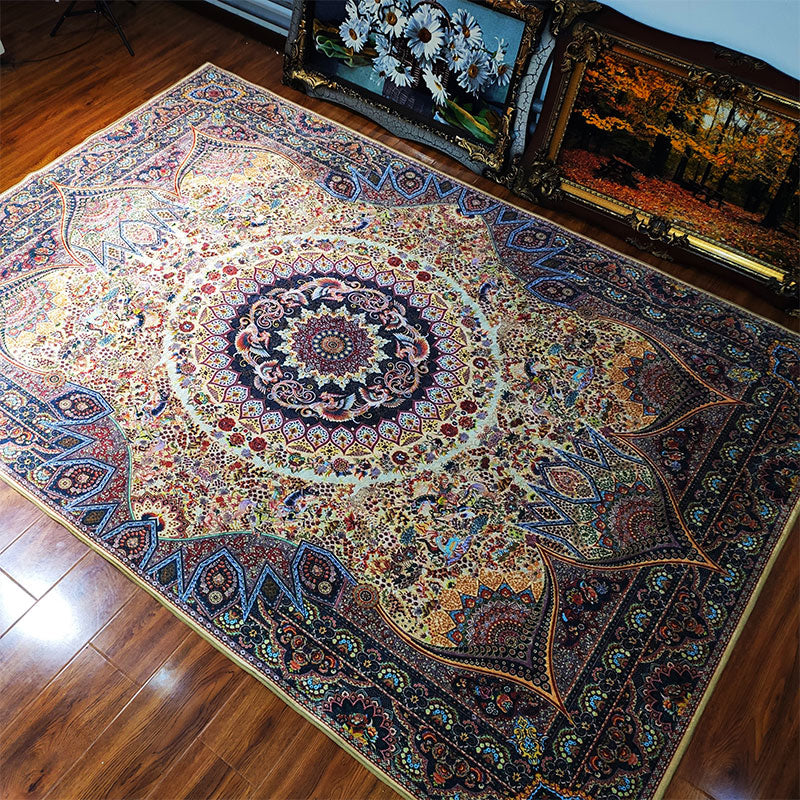 Persian Medallion Pattern Carpet Polyester Area Rug Non-Slip Backing Indoor Rug for Living Room