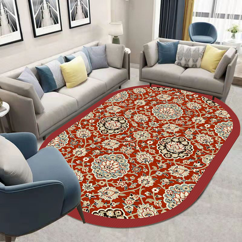 Dark Red Flower Rug Blending Traditional Rug Washable Rug for Home Decor