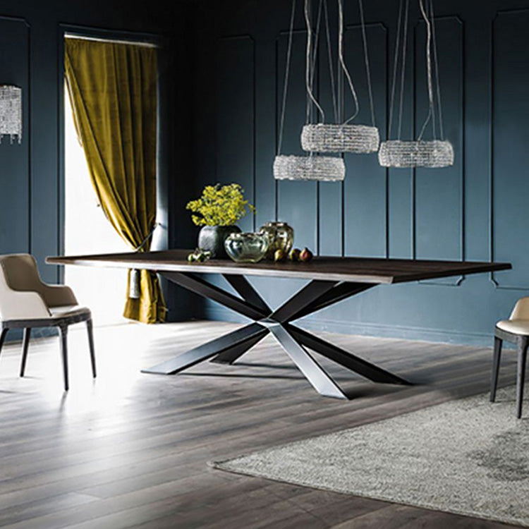 Industriële vaste houten eettafel rechthoekige tafel in bruin met metalen voetstuk