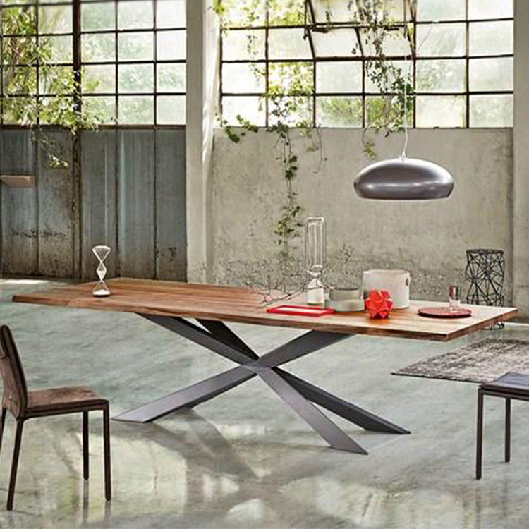 Industriële vaste houten eettafel rechthoekige tafel in bruin met metalen voetstuk