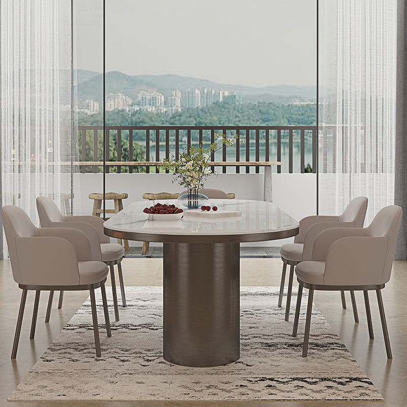 Oval Sintered Stone Dining Table Modern Table in White with Double Pedestal