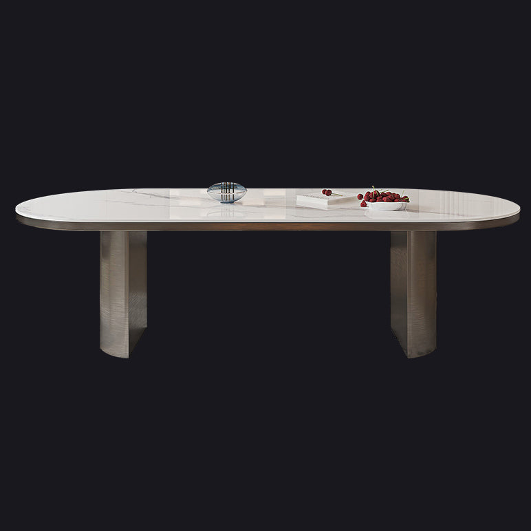 Oval Sintered Stone Dining Table Modern Table in White with Double Pedestal
